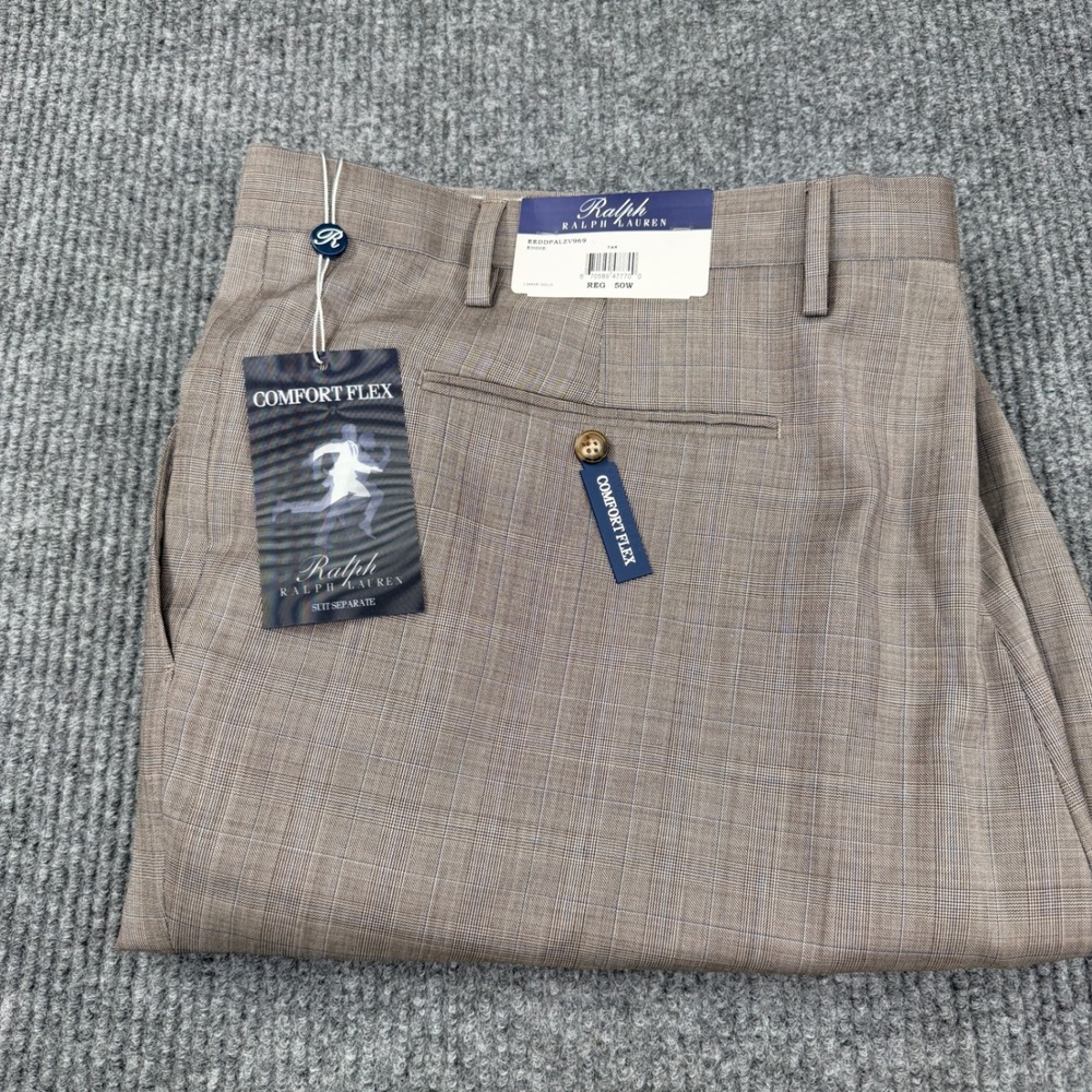 Ralph Lauren Suit Pants Men 50 Tan Comfort Flex Wool Blend Plaid Eddie